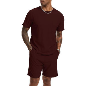 Men's Burgundy Cotton T-Shirt and Shorts Set Crew Neck Short Sleeve Solid Color Casual Summer Wear Breathable Knitted <b>Fabric</b> - Product Image 3