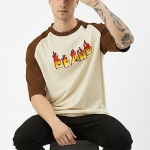 Camiseta de Manga Raglán para Hombre, Color Crema Marrón, Diseño de Bloques de Color en Contraste, Cuello Redondo, Corte Regular, Informal, 100% Algodón Jersey, Diseño Sólido - Product Image 6