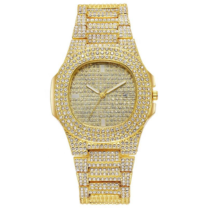 Reloj de Lujo con Incrustaciones de Moissanita, Tono Dorado, Esfera Completamente Decorada, Estilo Brazalete, Joyería Brillante para Hombre - Product Image 1