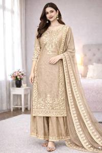 Beige Embroidered Cotton Salwar <b>Suit</b> With Dupatta For <b>Women</b> Traditional Indian Pakistani <b>Wedding</b> Wear Floor Length Regular Fit - Product Image 1