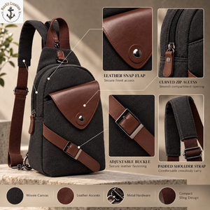Sac bandoulière en toile noire avec rabat à pression en cuir et sangle rembourrée |   Sac bandoulière compact avec fermeture éclair incurvée pour les déplacements quotidiens - Product Image 5