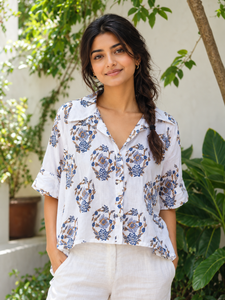 <b>Women</b> Animal Print Button Down Cropped Short Sleeve <b>Shirt</b> Collar Office Casual Outwear Top - Product Image 1