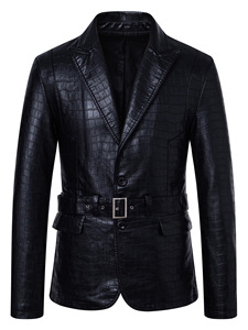 Men's Black Crocodile Texture <b>Leather</b> <b>Jacket</b> Full Sleeve Slim Fit All Seasons Style - Product Image 3