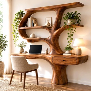 Escritorio de Madera Natural Sólida Hecho a Mano, Estilo Contemporáneo, Montado en la Pared, con Estantes en Forma de Árbol y Cajón para Oficina en Casa - Product Image 3