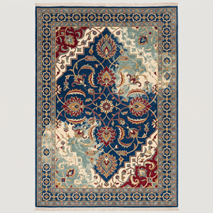 Tapis en laine DECORDEC bleu marine motif floral médaillon, écologique, antidérapant, moderne, avec bordure géométrique étoilée pour un intérieur de luxe - Product Image 1