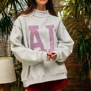 AL Stripe Custom Heavyweight Cotton Fleece <b>Mock</b> <b>Neck</b> Sweatshirt Crew <b>Neck</b> Chenille Letter Embroidery Greek Sorority Apparel - Product Image 2