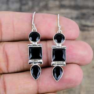 Boucles d'oreilles pendantes de luxe en spinelle noire simple, en argent sterling 925, faites à la main, cadeau de fête et de Nouvel An pour femme - Product Image 3