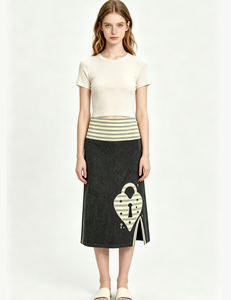 Women's High Waist Knitted Midi <b>Skirt</b> <b>Black</b> With Striped Waistband And Heart Keyhole Slit - Product Image 1