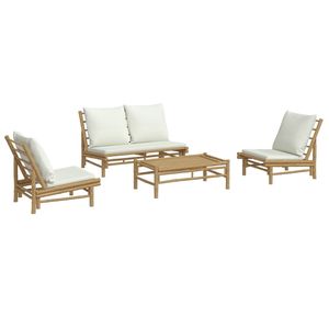 4-Piece Cream <b>White</b> Bamboo Patio Lounge Set with <b>Cushions</b> for Garden Relaxation - Product Image 3