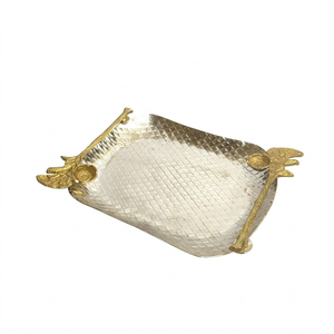 Bandeja decorativa de aluminio dorado, larga y rectangular, de metal, con asas con cuentas, para bodas, fiestas, mesas, hoteles y decoración del hogar. - Product Image 3