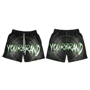 Mens Acid Wash <b>Shorts</b> Premium Cotton Fleece 300 GSM Black Grey Custom Screen Print Graffiti Logo Elastic Waist Casual Streetwear - Product Image 1