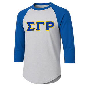 Camiseta Deportiva Gráfica Unisex de Estilo Béisbol con Cuello Redondo y Manga Tres Cuartos, Color Gris Azul Rey con Letras Griegas Doradas - Product Image 3