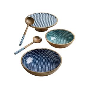 Modern Solid <b>Wooden</b> <b>Bowl</b> Set with Glossy Color Enamel Interior for Contemporary Kitchen Use - Product Image 3