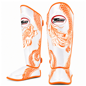 Protège-tibias de boxe Oem Dragon à impression numérique orange pour jumeaux, protection du tibia pour entraînement professionnel de Muay Thai, fermeture auto-agrippante - Product Image 1