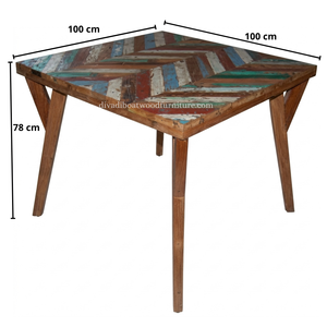 Table à manger carrée DIVADI 4 places, style flèche, en bois de bateau recyclé, faite à la main, éco-responsable, patchwork minimaliste, mobilier de maison - Product Image 2