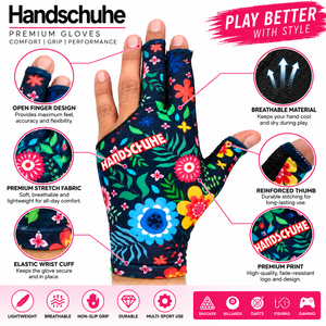 Gants de snooker les plus vendus, motif floral, demi-doigts, unisexe, en polyester, imprimé numérique, fermeture auto-agrippante - Product Image 4