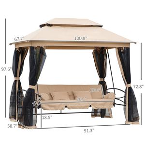 Sedia a dondolo da giardino per 3 persone con doppio tetto, seduta imbottita e pareti laterali in rete - Beige - Product Image 3