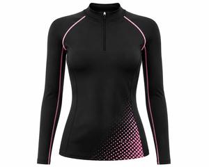 เสื้อแรชการ์ดแขนยาวผู้หญิงแบบซิป ¼ สีดำชมพูไล่เฉด พิมพ์ลายแบบ Sublimation แห้งเร็ว ผลิตจากผ้าสแปนเด็กซ์และโพลีเอสเตอร์ เหมาะสำหรับใส่ว่ายน้ำ - Product Image 2