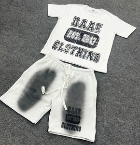 Custom Men's 2 Piece Cotton <b>Polyester</b> <b>T</b>-<b>shirts</b> and Acid Wash Shorts Sport Stitching breathable Set Tracksuits Men's Outfit - Product Image 5