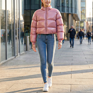 Veste matelassée courte pour femme, mode hiver streetwear, rose brillant, résistante à l'eau, col montant, ourlet à cordon de serrage, style bulle - Product Image 6
