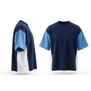 Men's Oversized Raglan Sleeve T-Shirt-Dark Blue for Sky Blue & <b>White</b> Tri-Color Block Mineral Wash Tee - Product Image 4