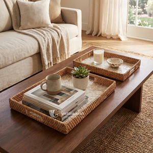 Premium Hand-Woven Bohemian Rattan Serving Tray Mother Pearl Inlay Rectangular Decorative Tray <b>Handle</b> Multi-Functional Home - Product Image 4