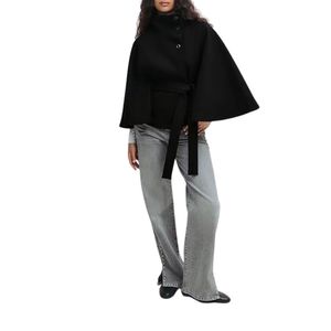 Manteau cape à manches chauve-souris pour femme, en mélange de laine, col montant, ceinturé, épais, pour l'automne et l'hiver - Product Image 2