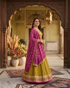 <b>Women</b> Traditional Indian Pakistani Silk <b>Lehenga</b> Choli Set Floor-Length Wedding Wear Purple Yellow Embroidered Design Regular Fit - Product Image 1