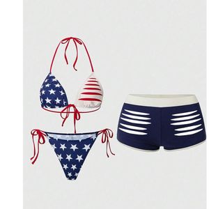 Ensemble bikini triangle pour femme, maillot de bain deux pièces imprimé à nouer sur le côté, style halter, push-up, pour la plage, tenue d'été - Product Image 1