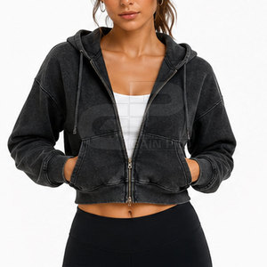 Ladies Boxy Cropped Zipper Hoodies Long Sleeve Hooded <b>Tops</b> Soft Cotton Fleece <b>Zip</b> <b>Front</b> Relaxed Fit Casual Street Style - Product Image 2