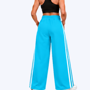 Pantalones Deportivos Anchos Color Cian para Mujer con Rayas Laterales Blancas, Cintura Alta con Cordón Ajustable, Bolsillos, Corte Holgado - Product Image 2