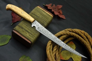 Couteau à filet en acier Damas de qualité industrielle, fait main, avec manche en bois et étui en cuir pour le camping en plein air - Product Image 3
