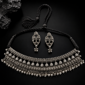 Vintage Gold Oxidized Silver Boho Statement Choker Set Moissanite Bell Tassel Dangle Handcrafted Earrings for Wedding Engagement - Product Image 1
