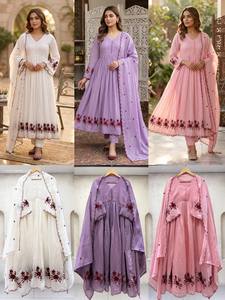 Conjunto Indio-Pakistaní Blanco Bordado, Vestido Anarkali con Cuello en V, Traje Sharara, Vestido Largo para Mujer, de Secado Rápido, para Fiestas y Eventos Formales - Product Image 2