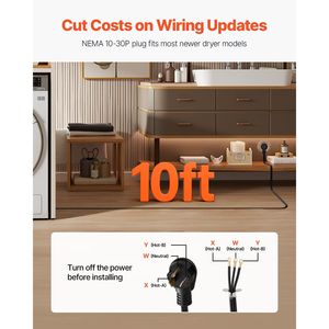 Cavo di alimentazione per asciugatrice da 3 metri, 3 poli NEMA 10-30P, 125/250V, 10AWG, 30A, connettori a occhiello 3C, rame puro - Product Image 4