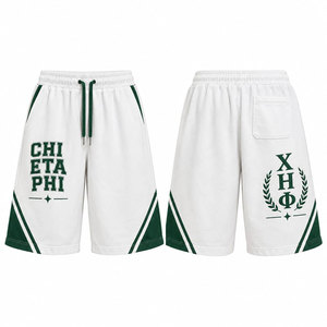 Shorts en coton blancs Chi Eta Phi avec bordure verte, taille à cordon, style décontracté, bermudas pour hommes, logo imprimé devant et derrière - Product Image 1