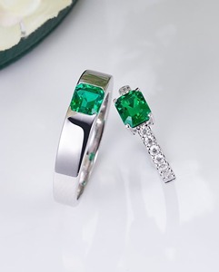 Lovely Green Emerald Cut <b>Couples</b> <b>Ring</b> 14k Solid White Gold Flat Half Eternity Band Engagement <b>Ring</b> Wedding Gift for Lover - Product Image 1