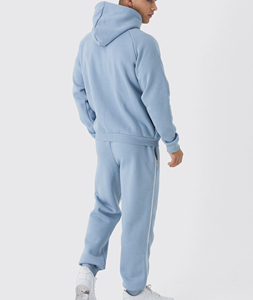 Men Light Blue Hooded Drawstring Solid Tracksuit Set Full Length Polyester Sweatshirt Pants with Side Pockets Casual Autumn Wear - Product Image 3