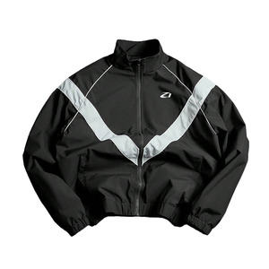 <b>Black</b> Retro Contrast Panel Track Jacket Custom Lightweight Streetwear <b>Windbreaker</b> Reflective Panel Full Zip Sports Men's Jackets - Product Image 3