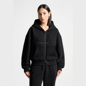 Sweat à capuche court à fermeture éclair en strass pour femmes Ensemble de pantalons de survêtement pour femmes Logo imprimé bouffant personnalisé Ensemble deux pièces Vêtements pour femmes - Product Image 5