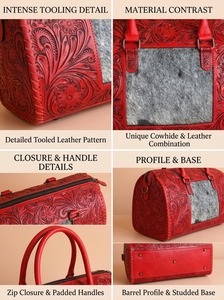 Red Embossed Leather <b>Duffel</b> <b>Bag</b> Floral Pattern Zipper Handled Travel Weekender Purse for Daily Use Durable Waterproof Polyester - Product Image 3