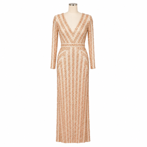 Luxury Rose Gold <b>Sequin</b> Evening Gown for Women | Deep V Neck Long Sleeve Maxi Party Dress | Elegant Formal Wedding Guest Dress - Product Image 1