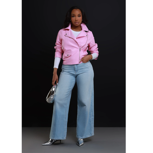 <b>Pink</b> PU Moto <b>Jacket</b> Women's Slim Fit Zipper Closure Turn-Down Collar Regular Sleeve Autumn Solid Color Motorcycle Coat - Product Image 2