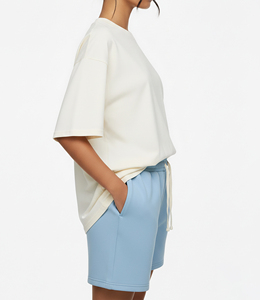 Ensemble décontracté pour femme : T-shirt à manches courtes et short bleu clair, coupe ample, printemps-été, 100 % coton tricoté, tenue deux pièces - Product Image 5
