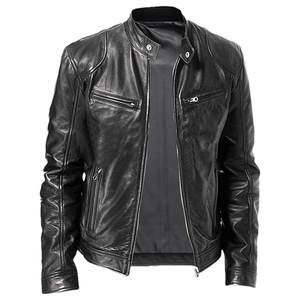 <b>Men</b> <b>Black</b> PU Leather Moto Jacket Stand Collar Zipper Closure Slim Fit Regular Length Solid Color Winter Wear - Product Image 3