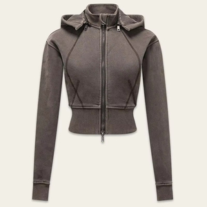 Women's <b>Cropped</b> Hoodie <b>Zip</b>-<b>Up</b> Long Sleeve Solid Color Knitted Spandex Cotton Breathable Quick Dry Casual Autumn Wear - Product Image 3