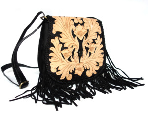 Genuine Leather Vintage Crossbody <b>Bag</b> with Embroidery Pattern Tassel Fringes Single Strap - Product Image 2