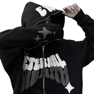 Ew Streetwear <b>Zipper</b> <b>Hoodie</b> Men Regular Fit <b>Black</b> Cotton Fleece Solid Front Logo Winter Wear Breathable Quick Dry Casual - Product Image 2