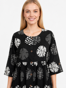 Black Floral Print 100% Cotton Handmade <b>Three</b> Quarter Sleeve Maxi Dress Button Front Modest Casual Daily Wear Natural Waist - Product Image 4
