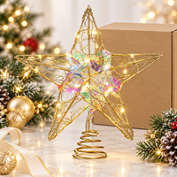 Décor de Noël : Étoile dorée à cinq branches pour le sommet de l'arbre, fonctionnant sur piles, avec centre en cristal holographique et LED blanc chaud